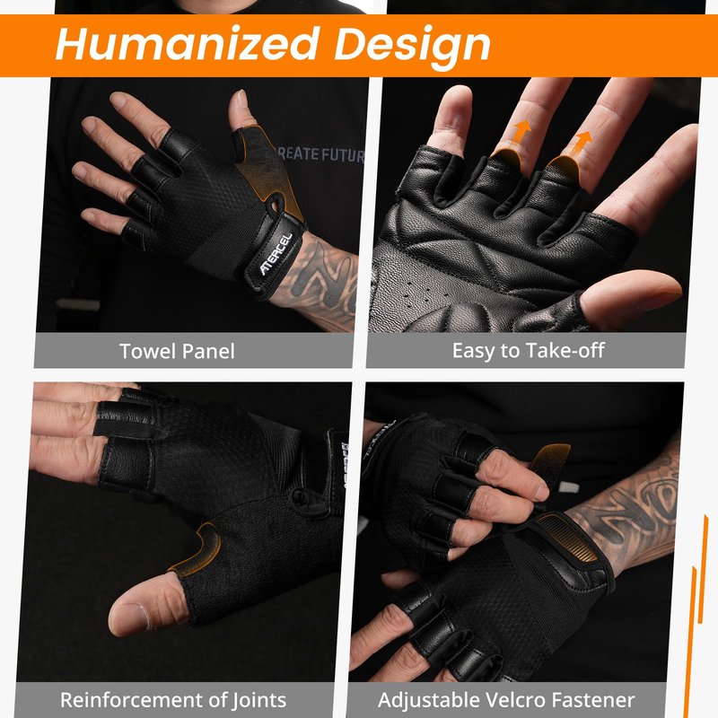 ATERCEL Premium Leather Workout Gloves, Ideal for Men and Women, Suitable for Weightlifting, Gym, Cycling (Black, Medium)