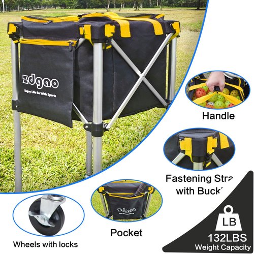 LOMGWAYS Pickleball Tennis Ball Hopper-Foldable Lightweight Tennis Ball Cart Holds 180 Tennis with Removable Bag,Wheel,Side Pocket for Training/Teaching, for Tennis/Pickleball/Baseball/Softball