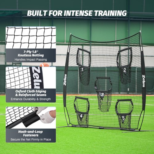 ZELUS 6 x 6ft Football Throwing Net, Quarterback Training Equipment with 5 Target Pockets, Football Practice Throwing Passing Accuracy Trainer with Carry Bag Ground Stakes, Black