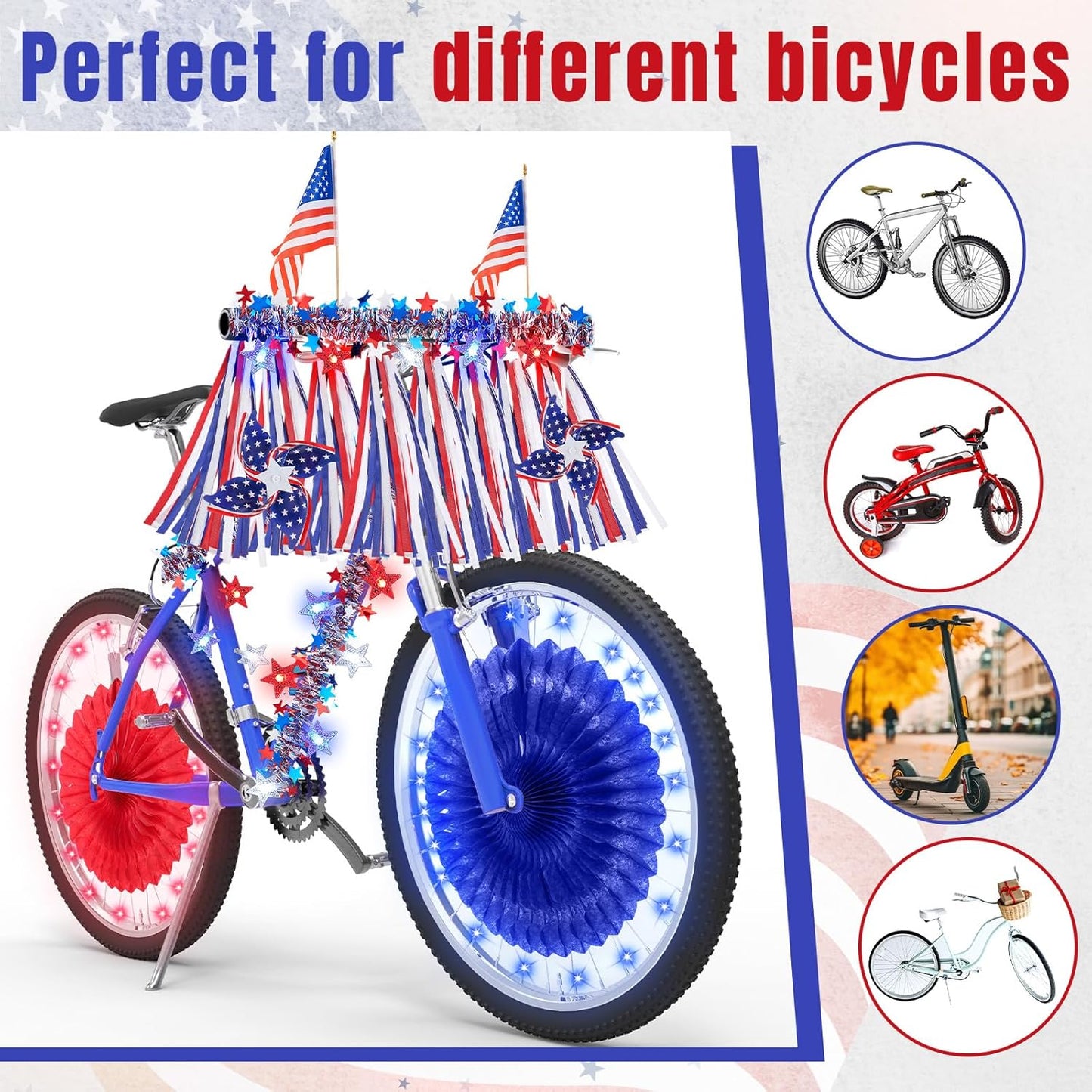 17pcs 4th of July Bike Decorations Patriotic Bicycle Decor Set Bike Wheel Lights LED Star String Light Tinsel Garland Streamer USA Flags Banner Independence Day Kids Bike Parade Red White Blue