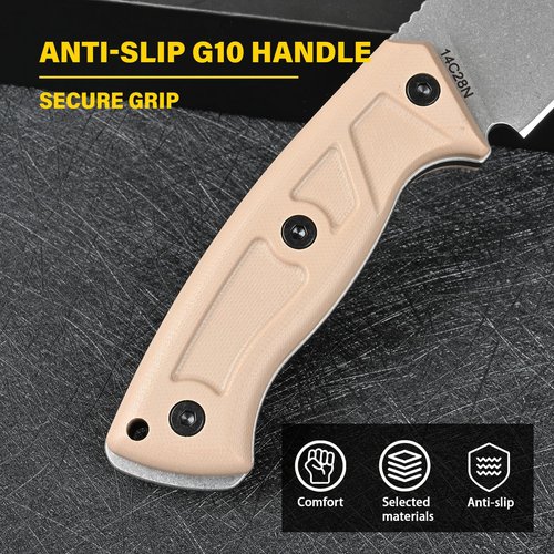 SDOKEDC Knives 14C28N Steel Fixed Blade Tactical Knife with kydex sheath for Men EDC Outdoor Camping Survival Hunting (White stone wash+khaki G10 handle)