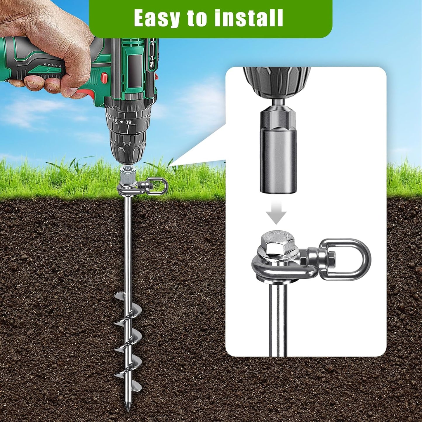 14" Ground Anchors with a Hex Head and 360° Swivel Adjustment (4Pack), Tent Stakes Heavy Duty for Trampolines, Mobile Homes, Swing Sets, Sheds, Carports, and Securing Animals - Chrome Plated