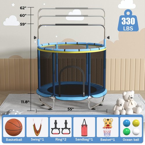 Kieperi 60“ Trampoline for Kids with Hammock,Toddler Trampoline with Basketball Hoop (Blue)