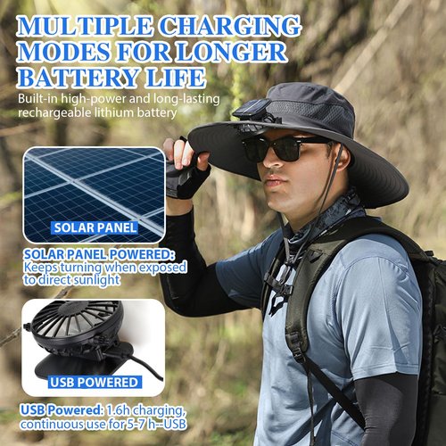 Solar Fan Hat, Hat with Fans Solar Power, Solar Fan Hats for Men,Wide Brim Fishing, Outdoor Hiking Cap with Built-in Solar Fans, Ideal for Camping and Sun Protection(Grey)