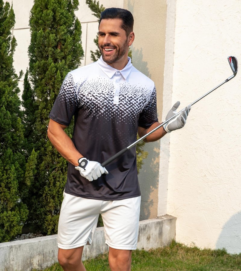 uideazone Mens Golf Shirts Short Sleeve 3D Print Athletic Polo Shirts White Black Dry Fit Performance Moisture Wicking Collar Tops