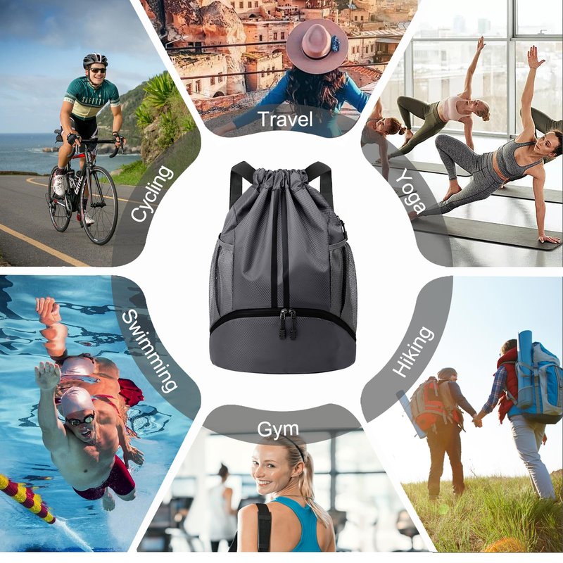 Hoedia Sports Drawstring Backpack - String Swim Gym Bag with Shoes Compartment and Wet Proof Pocket for Women and Men, Dark Grey