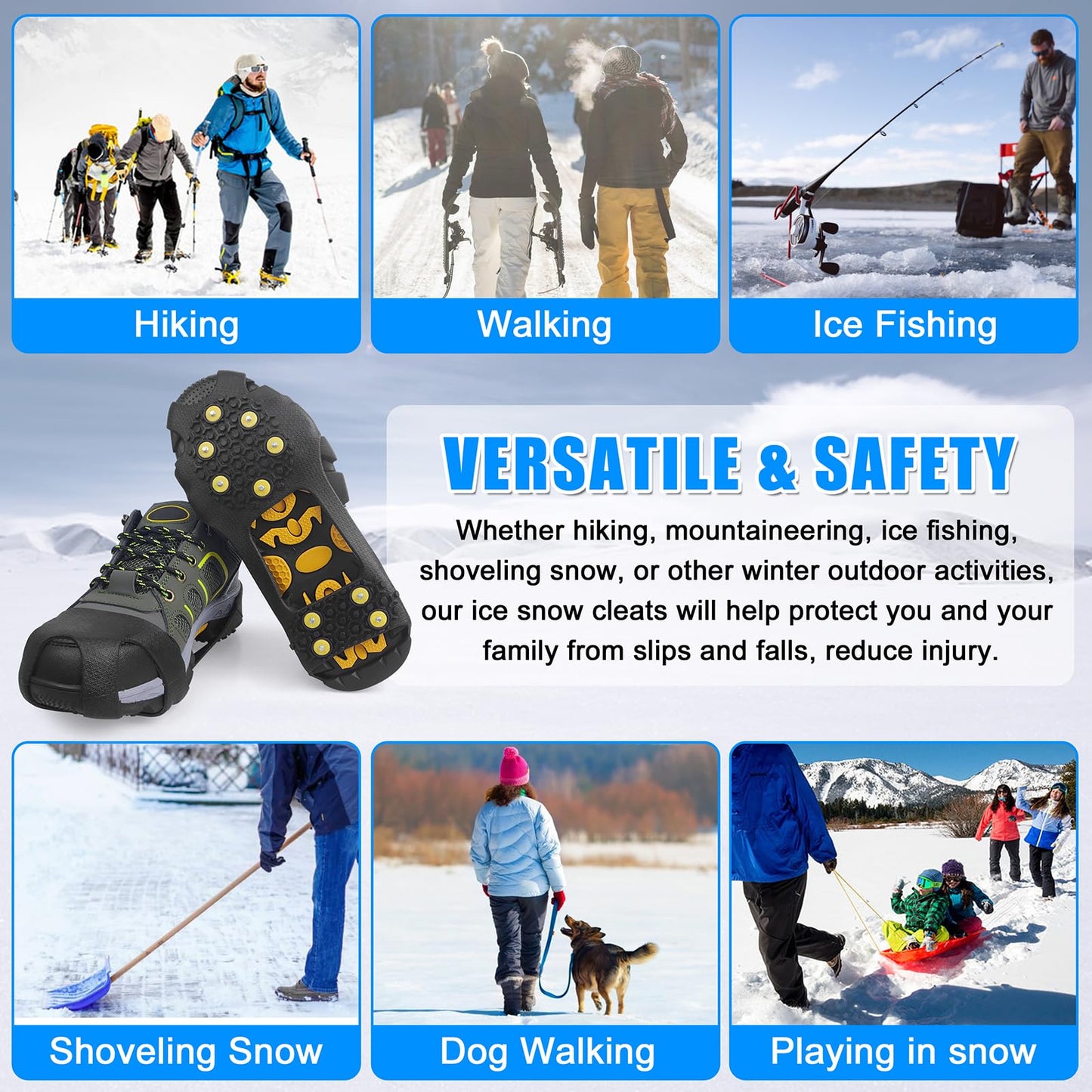 Ice Cleats for Shoes and Boots Men Women Winter Walking Ice Snow Cleats Anti Slip Crampons 10 Steel Studs Overshoe Slip-on Stretch Rubber Footwear
