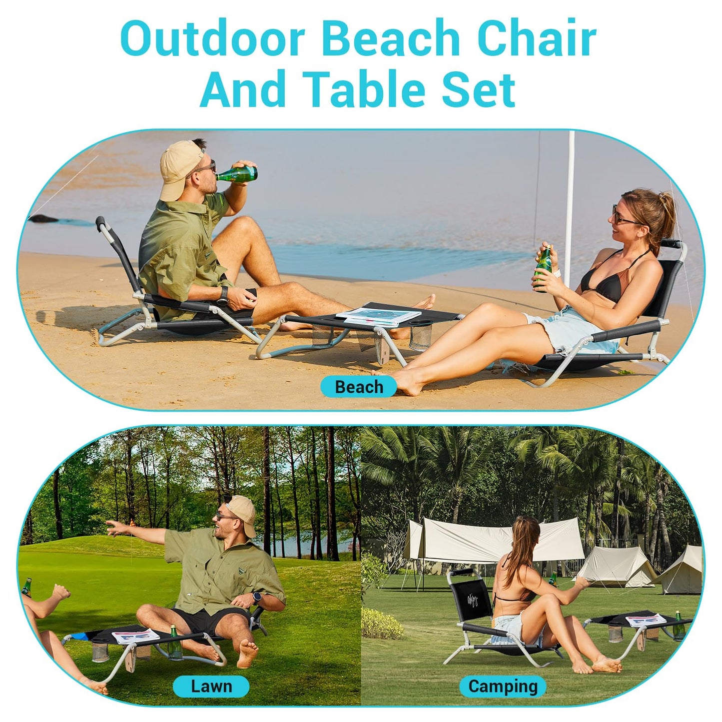 #WEJOY 2 Pack Beach Chairs and Table Set Folding Low Beach Chairs for Adults Lightweight Beach Chair with Carry Bag for Outdoor Beach Lawn Camping Picnic Blue Beach Chair & Table Set