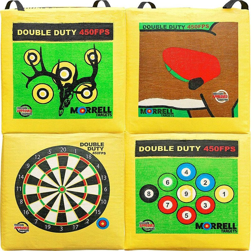 Morrell Double Duty 450 FPS Cube Field Point Archery Bag Target with Traditional Bullseyes, Nine-Ball, Dartboard Game, and Deer Vitals, Yellow