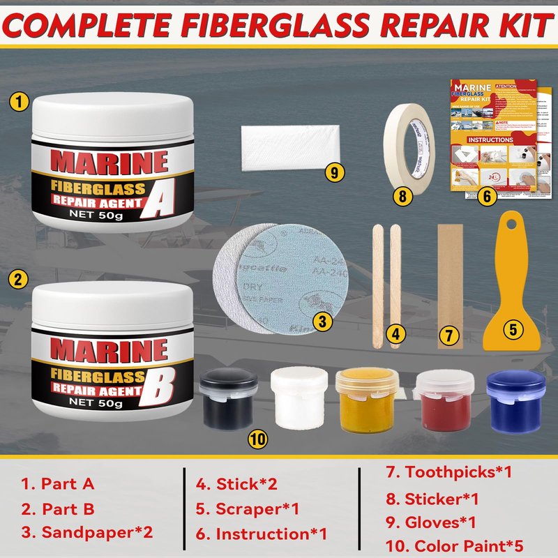 Yeardera Marine Fiberglass Repair Kit, Boat Gel Coat Repair Kit, Waterproof Fiberglass Repair Kit for Boats & Kayaks, Fiberglass Kit Fix Holes, Chips, Deep Cracks, Scratches(Color Match)