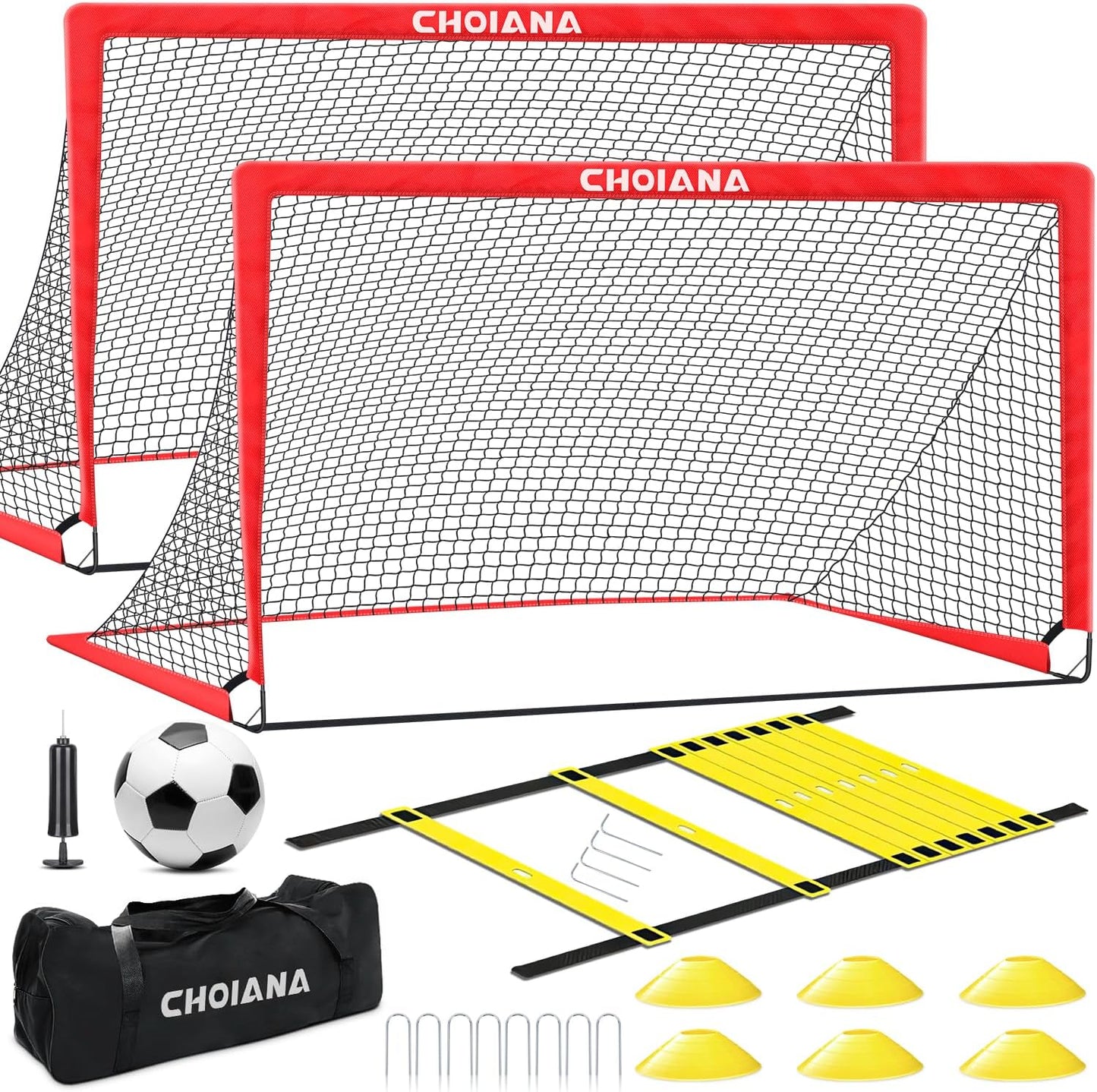 Kids Soccer Goals for Backyard Set of 2, 6x4 ft Portable Soccer Goal Training Equipment, Soccer Net w/Soccer Ball, Agility Ladder & Cones, Soccer Nets for Kids Youth Outdoor Sports Games Play