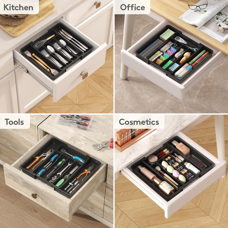 Lifewit Expandable Silverware Organizer, Plastic Utensil Tray for Kitchen Drawer, BPA Free Flatware Cutlery Holder, Space-Saving Storage for Spoons Forks Knives, 8.5-14 x 12 x 1.5 inch, Black