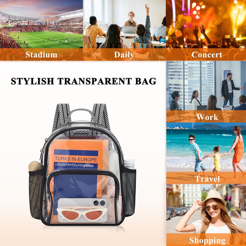 Lyingflat Clear Bag for Stadium Events 12x12x6 Small Clear Backpack Stadium approved for Festival Concert Sport Events Work Travel, Black Guitar