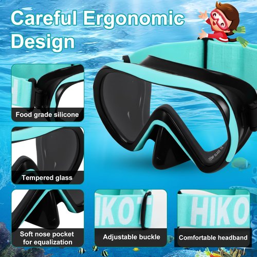 HIKOTEY Swimming Goggles for Kids(2 Pcs), Elastic Fabric Strap, Tempered Glass Diving Mask 180°Clear View Snorkel Goggle for Kids Ages 6-16, Anti-Fog (2 Pack-Black Cyan & Black Pink)