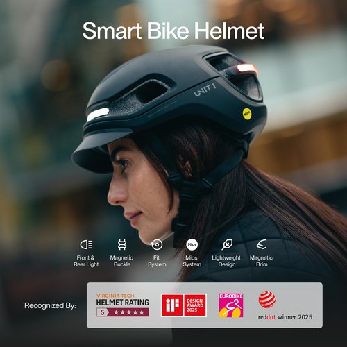 UNIT 1 Aura Hybrid Smart Bike Helmet | Urban & Road | MIPS | LED Front & Rear | Turn & Brake Light Compatible w/Remote | Crash Alert | Certified | Lightweight & Ventilated | iOS & Android App