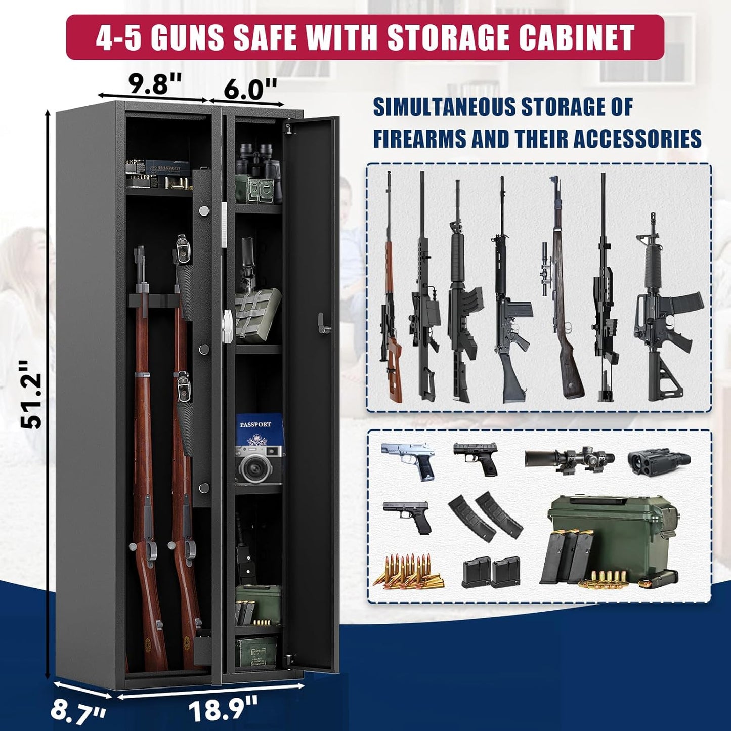KAER 4-5 Gun Safe, Gun Safe for Rifles and Pistols, Large Gun Safes for Home and Shotgun, Gun Cabinet for Home, Gun Cabinet, Quick Access Gun Safe, Gun Safe with Removable Shelf and Gun Rack