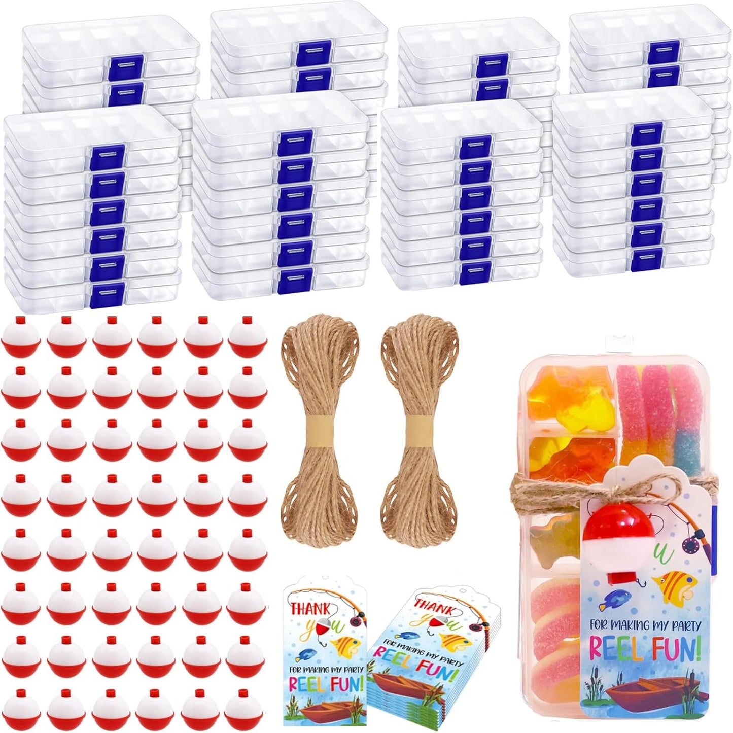 24 Set Fishing Candy Little Tackle Boxes for Birthday Party Favors with 24 Fishing Bobber 24 Thank You Cards for Making My Party Reel Fun Gone Fishing Theme Supplies Fishing Decorations (24)