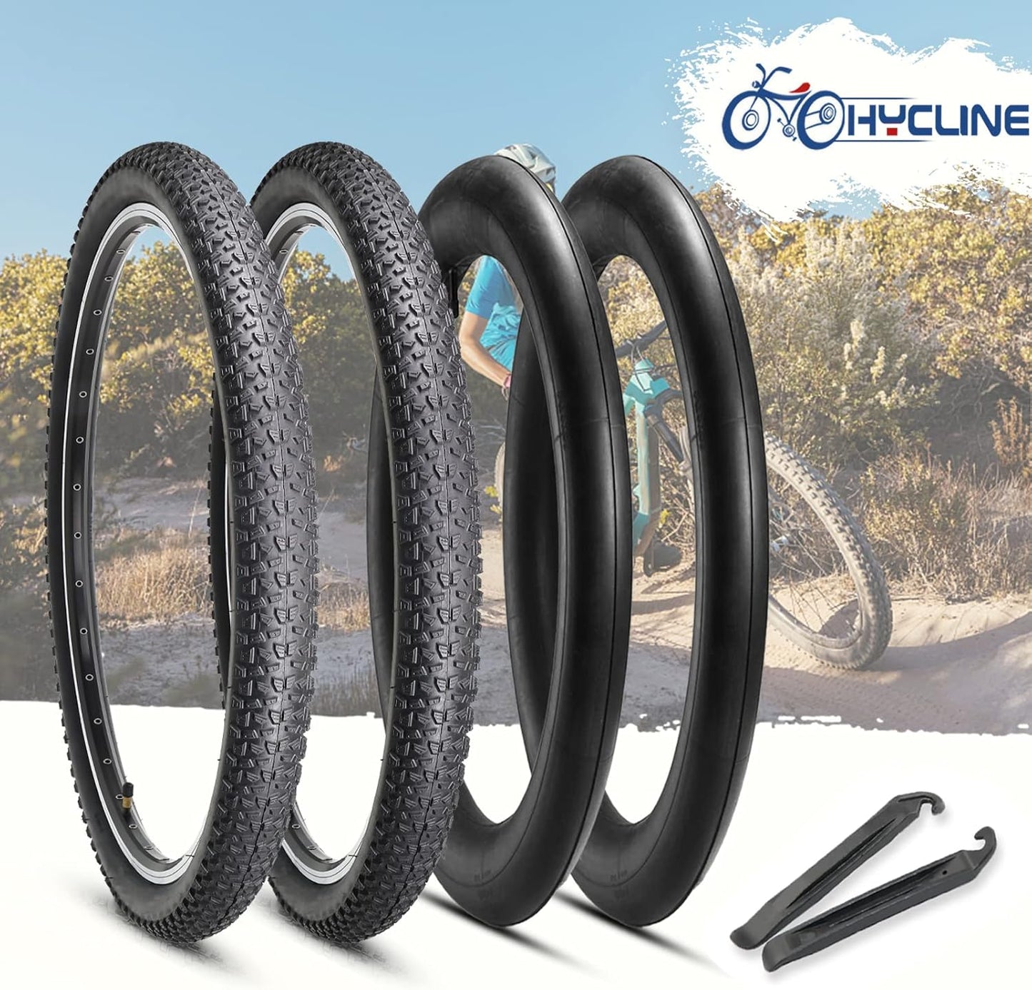 Hycline 2-Pack Mountain Bike Tires Set: 20/24/26/27.5-inch Folding Replacement Puncture-Resistant Bicycle Tires and Pair 20/24/26/27.5-inch Inner Tubes with Tire Levers for MTB Off-Road Bike