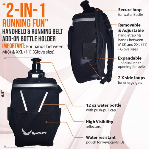 2-in-1 Running Fun Black Handheld 12 Oz Water Bottle & Belt Add-on – Strap to Hand or Slide on Belt – Waterproof Pocket for Money, Key, ID – Maximize Your Time, Freedom & Health
