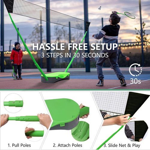 FBSPORT Portable Badminton Net Set with Storage Base, Folding Volleyball Badminton Set with 2 Badminton Rackets 2 Shuttlecocks 10x5 ft Net, Easy Setup for Beach Backyard Combo Set Sport Games