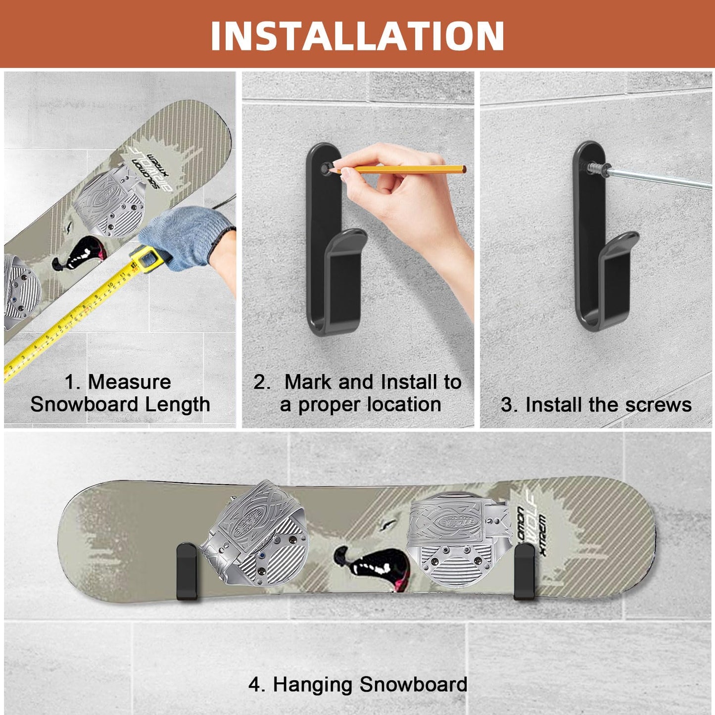 IRENPORU Horizontal Snowboard Wall Mount Clips Snowboard Rack Wall Mount Snowboard Mount Storage Snowboard Wall Mount for Room (Black)