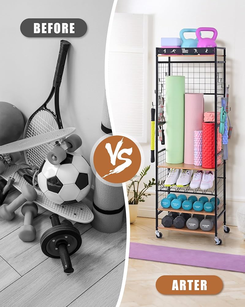Mythinglogic Home Gym Storage Rack with Wheels (Dumbbells & Yoga Mats) - Black+Wood