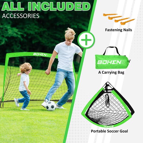 BOHEN 5x3ft Portable Soccer Goal for Kids Backyard with Carry Bag - Easy Folding Lightweight Fun for Outdoor Indoor Training Games for Teen Youth Adult (Green, 5x3 FT, 2 Pack)