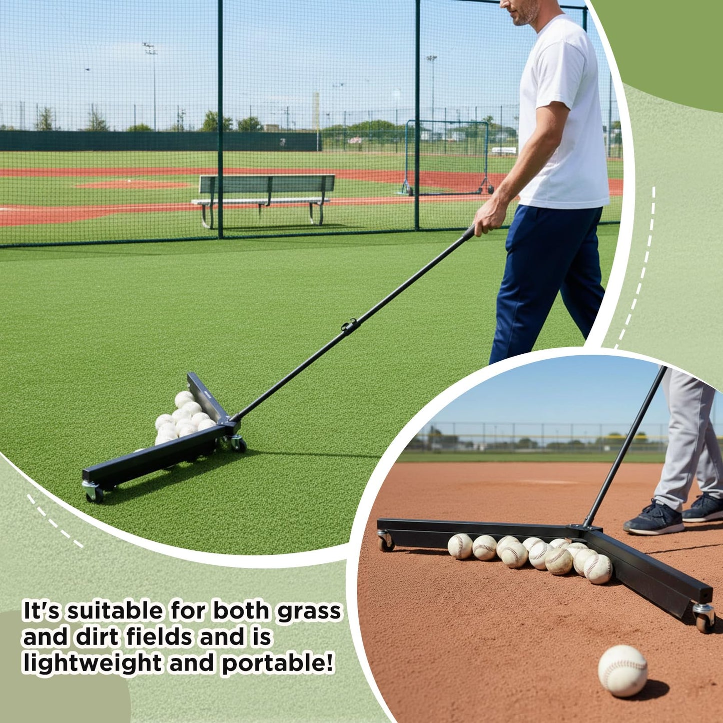 Motionchic 1 Set Heavy Duty Baseball Ball Picker, 45" Wide Roller Adjustable Handle (24"-42") 5kg Steel Frame with Smooth Casters for Grass Turf Clay, Indoor, Efficient Baseball Softball Collection
