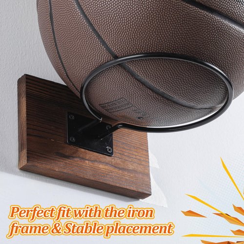 Threan 6 Pcs Ball Holder Wall Mount Ball Stand Display Storage with Wooden Base for Basketball Football Soccer Volleyball, Sports Accessories Organizer for Player Fans