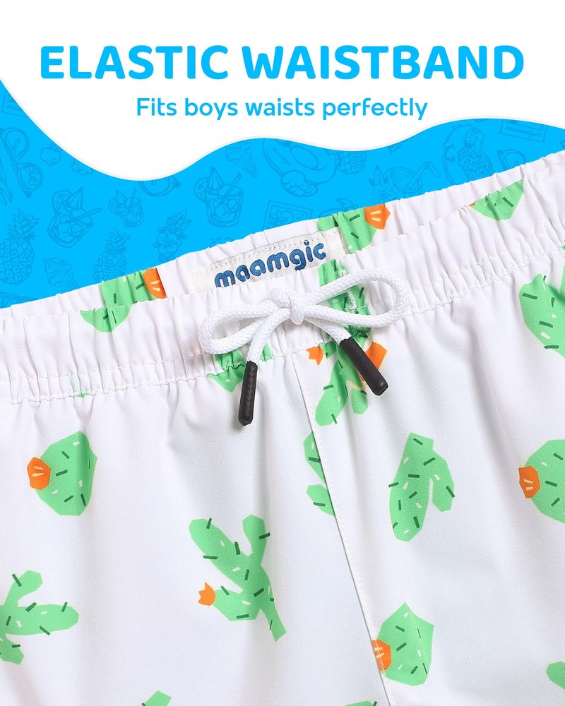 maamgic Boys Swim Trunks with Compression Liner Toddler Boy Swimsuit Quick Dry 4-Way Stretch Swimming Trunks Cactus White 2T