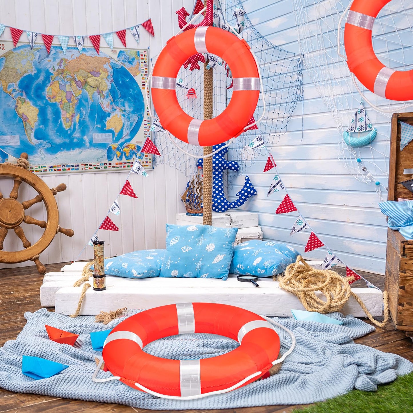 20 Inch Life Preserver Ring with Water Floating Lifesaving Rope 98.4FT Set, Swim Foam Buoy Swimming Pool Safety Throwing Ring Rope Rescue Lifeguard Wall Decoration