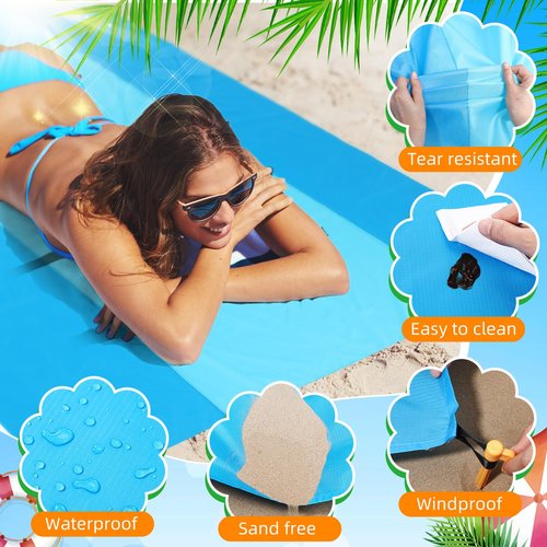 Drydiet 10 x 9 ft Beach Blanket Sandproof Waterproof Extra Large Beach Mat for 2-8 Adults Quick Drying Outdoor Picnic Blanket Lightweight Oversized Sand Free Mat for Travel Camping Hiking(Blue Cyan)