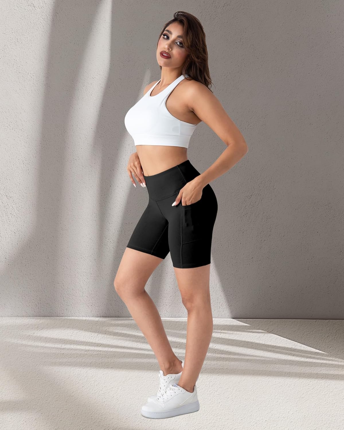 2 Packs Biker Shorts with Pockets for Women, Tummy Control High Waist Spandex Shorts 8" (2BlackDGrayLGray, XL)
