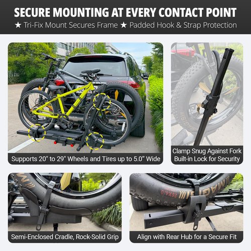 TrailV2 Plus Hitch 2 Ebike Rack with Ramp, Tilt, Fold, Anti-Theft Hitch & Wheel Locks, Heavy Duty 170 lbs Capacity, Fits 2" Receiver, Max 5" Fat Tires, Electric Bike Rack for for Car, SUV, Truck, RV
