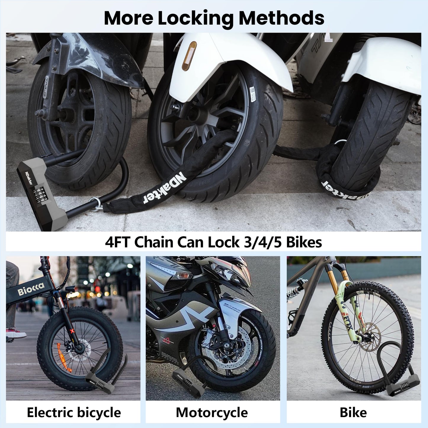 NDakter Bike Locks Heavy Duty Anti Theft, 18mm Bicycle Combo U Lock, 4-Digit Resettable Large Combination Lock with 5FT Steel Cable and Bracket, for Electric Scooter, Ebike, Motorcycle (Blue)