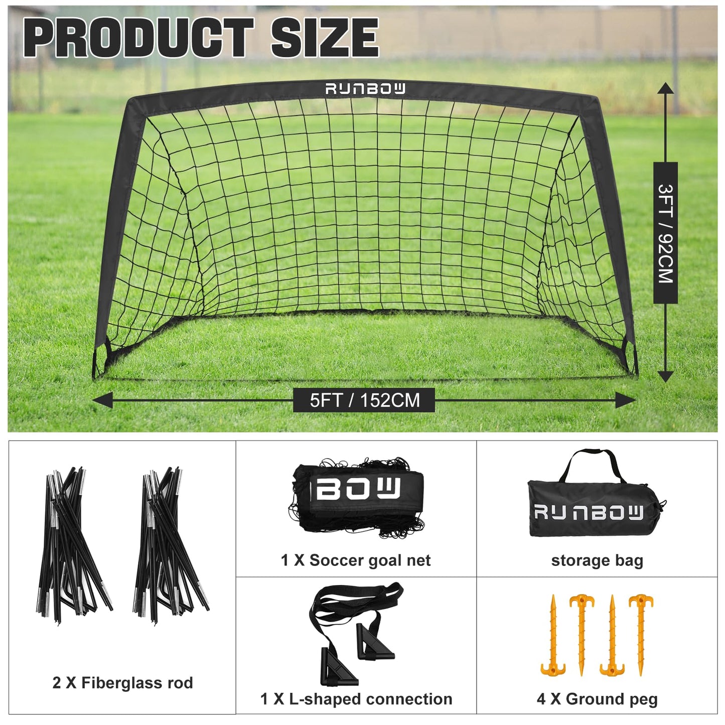 RUNBOW Soccer Goal for Backyard, 5x3 FT Portable Folding Soccer Net with Carry Bag for Kids and Adults Indoor/Outdoor Training Practice Use (Black, 5x3 FT, 1 Pack)