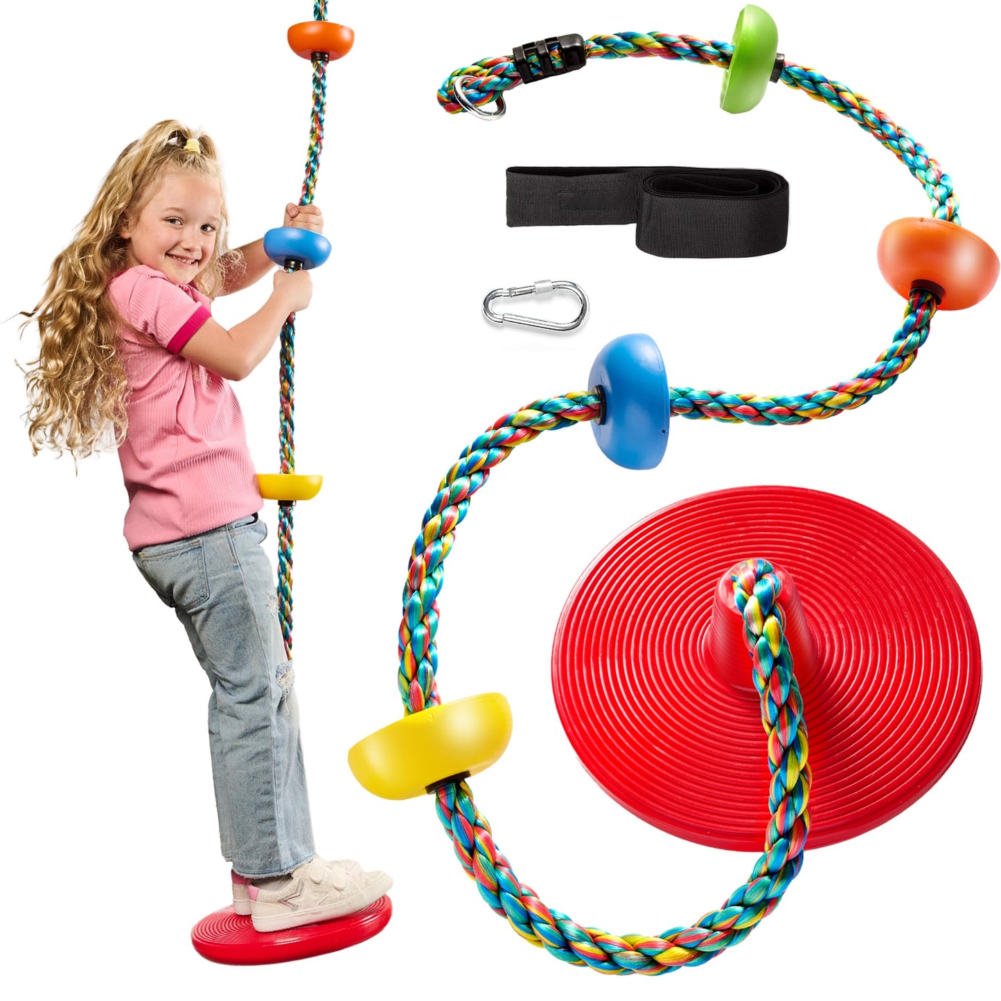 Jungle Gym Kingdom Tree Swing for Kids - Single Disc Seat and Rainbow Climbing Rope Set w/Carabiner and 4 Foot Strap - Treehouse and Outdoor Playground Accessories - Red