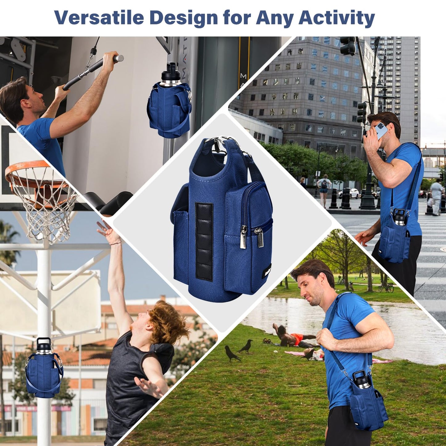 icolor Magnetic Gym Bag Water Bottle Carrier Holder with Phone Pockets & Strap,Nylon Gym Magnetic Bag 5 Built-in Magnets Gym Accessories Organizer Bottle Pouch Sleeve for Men Women (Navy Blue)