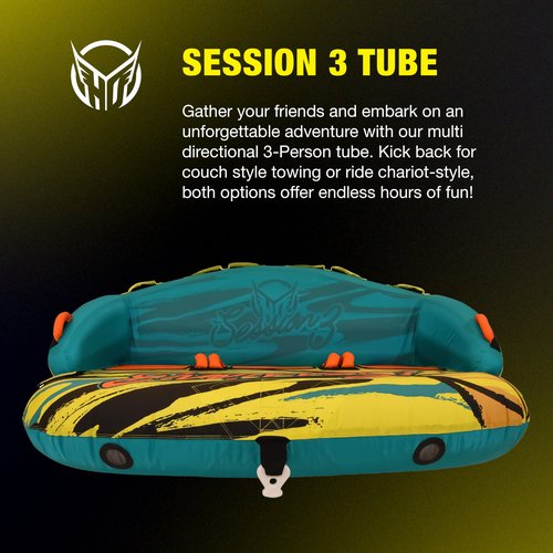 HO Sports Session 3 Towable Tube - 3 Rider Water Tube - Dual Tow Points - Hexa-lite Rip-Stop Nylon - Quick Connect Tow System - Heavy-Duty PVC Bladder