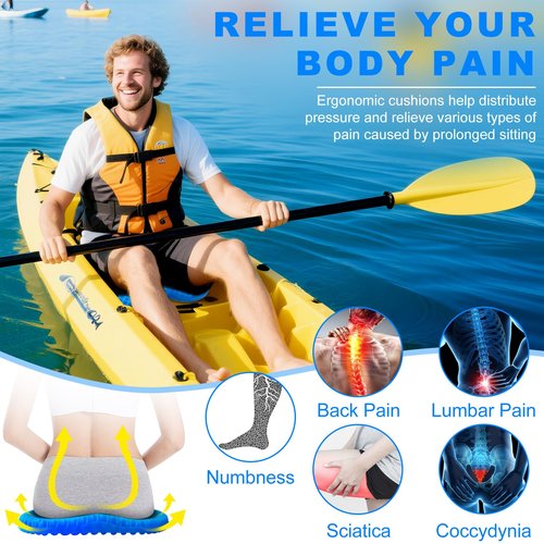 CHERAINTI Kayak Seat Cushion, 19 Inch Waterproof Gel Seat Cushion, Thicken Non-Slip Pressure Relief Pad with 2 Cloth Covers for Sit in Canoe Boat, Kayak Accessories for Fishing Rowing