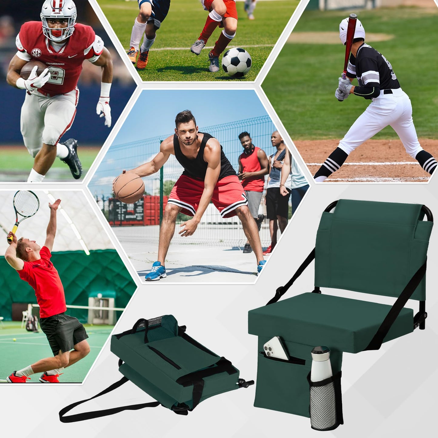 ACIPENSER 2pcs Stadium Seat for Bleachers with Back Support,Portable Bleacher Chairs with Back and Cushion,Includes Shoulder Strap and Cup Holder,Green