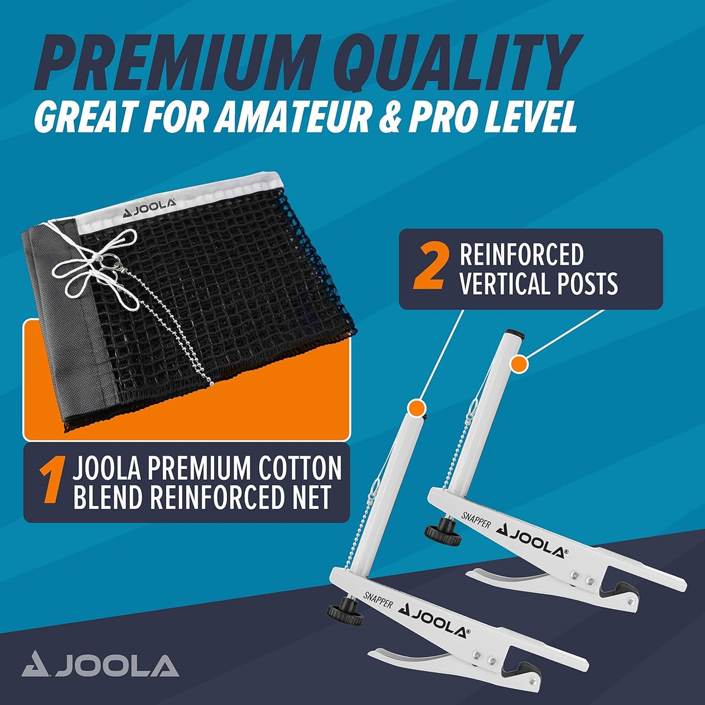 JOOLA Snapper Professional Table Tennis Net and Post Set - Portable and Easy Setup 72" Regulation Size Ping Pong Spring Activated Clamp Net, Silver