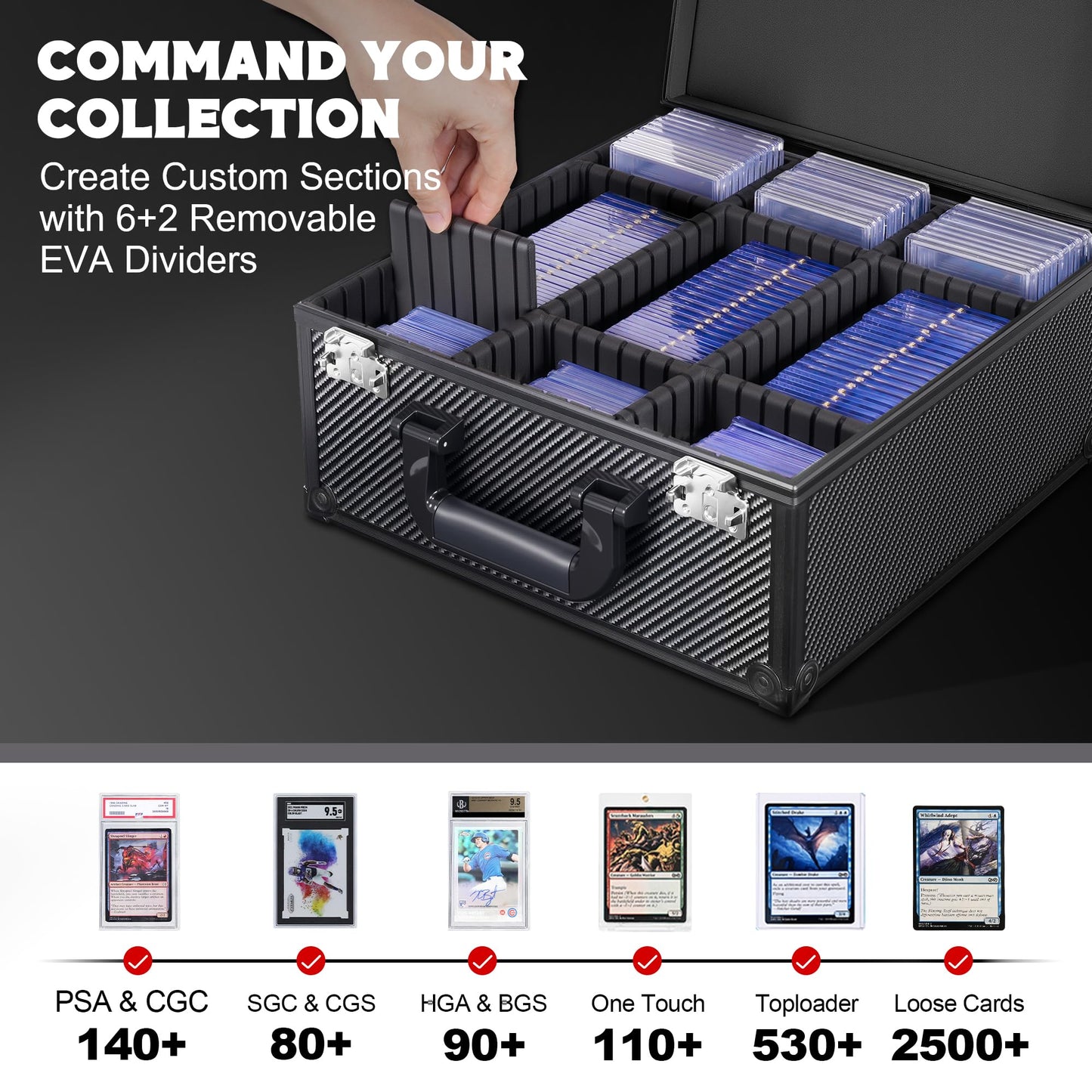 Kabinka Graded Card Storage Box with Display Window for PSA/CGC Holder, TSA Combination Lock Trading Card Case for Sports Cards, Storage Slab Case with 6+2 EVA Dividers for MTG/TCGs (Carbon Fibre)