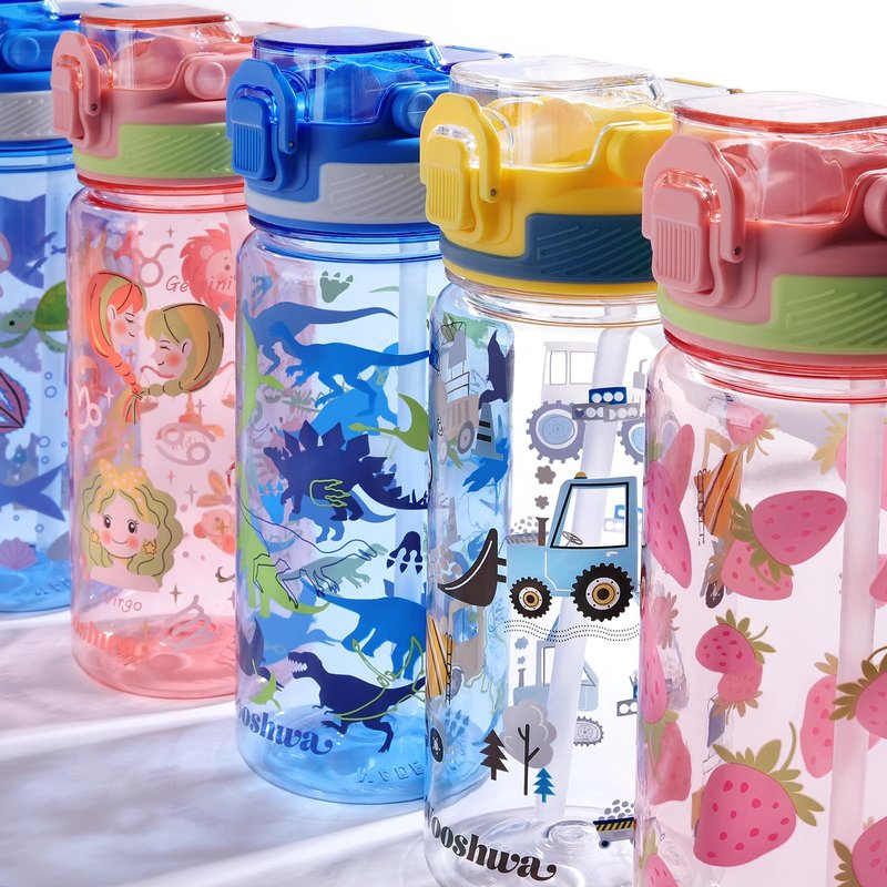 wooshwa Kids Water Bottle for School, 20 Oz Plastic Water Bottle with Silicone Spout and Pop-Up Cover, BPA Free & Dishwasher Safe (Excavator)