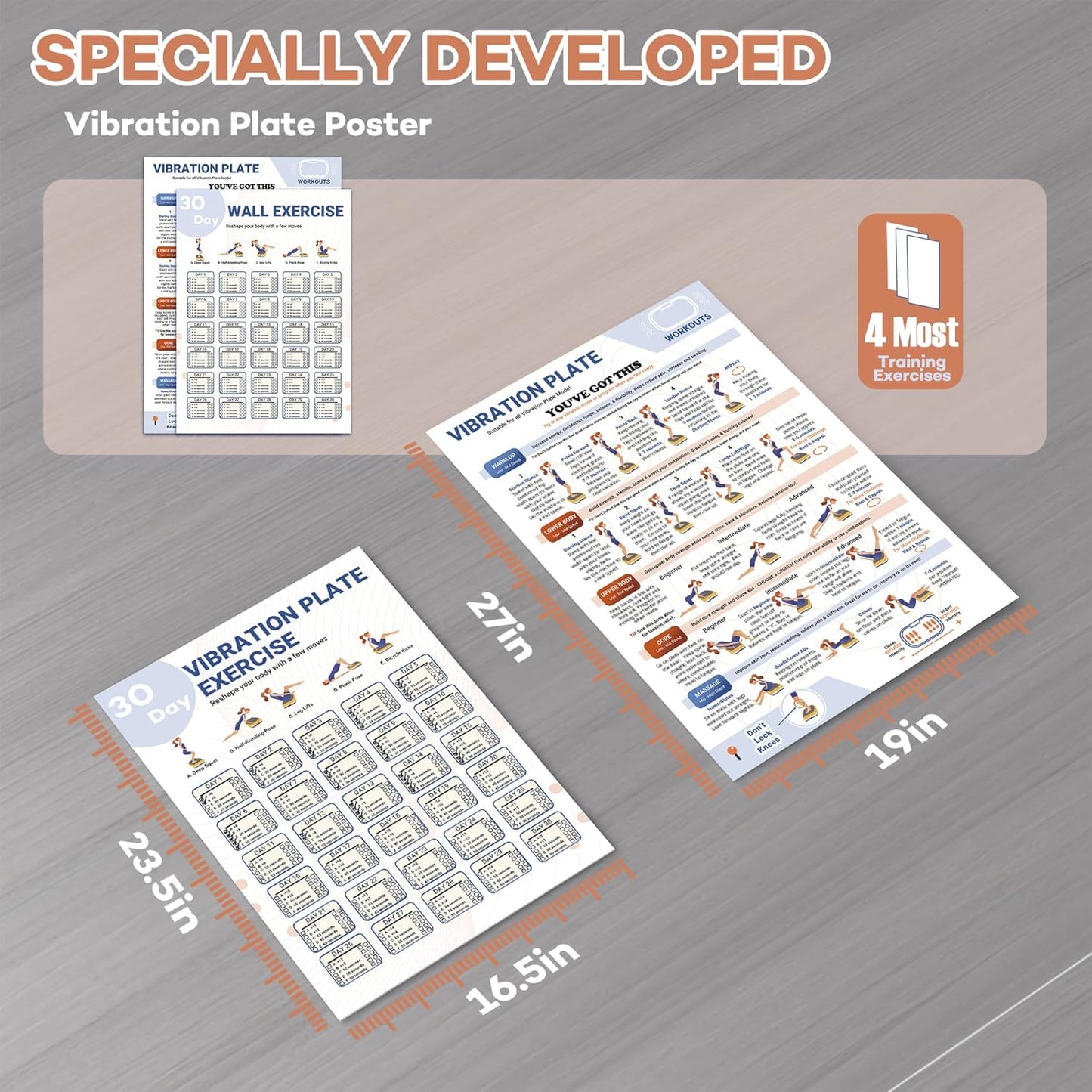 2 packs Vibration Plate Exercise Poster, 30 Day Workout Chart for Fitness Training