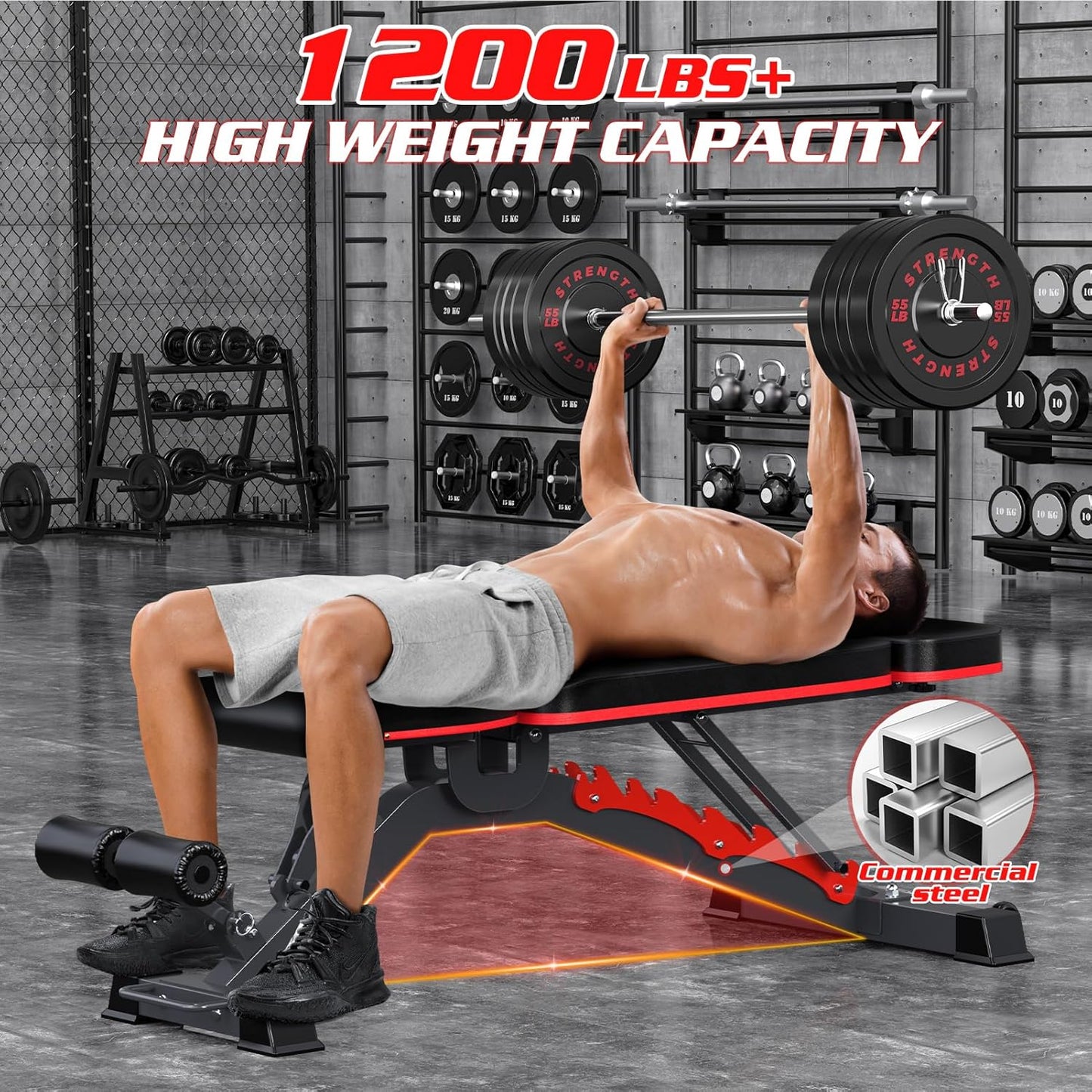 1200LBS Adjustable Weight Bench Press, Heavy-duty Workout Bench for Home Gym, Extra Headrest, Incline Decline strength Training Bench Press for Full Body Workout Extrem Stable