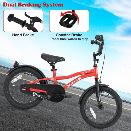 Olakids Kids Bike, 12 14 16 18 Inch Toddlers Bike with Training Wheels Safety Bell Adjustable Seat and Handlebar, Handbrake and Coaster Brake, Children's Bicycle for Boys Girls (16 Inch, Red)