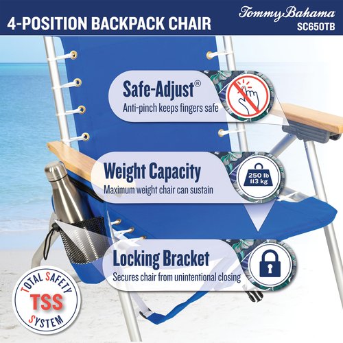 Tommy Bahama Hi-Boy 17" Seat Height 4-Position Lace-Up Suspension Folding Beach Backpack Chair, 1-Pack, Red and Blue Stripe