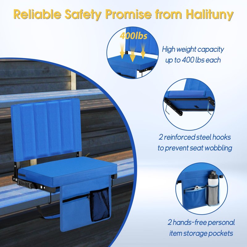 Halituny Stadium Seat for Bleachers with Back Support, Portable Bleacher Seat with Wide Comfy Padded Cushion, Metal Hook, Folding Stadium Chair with Shoulder Strap, Carry Handle, Cup Holder, Blue