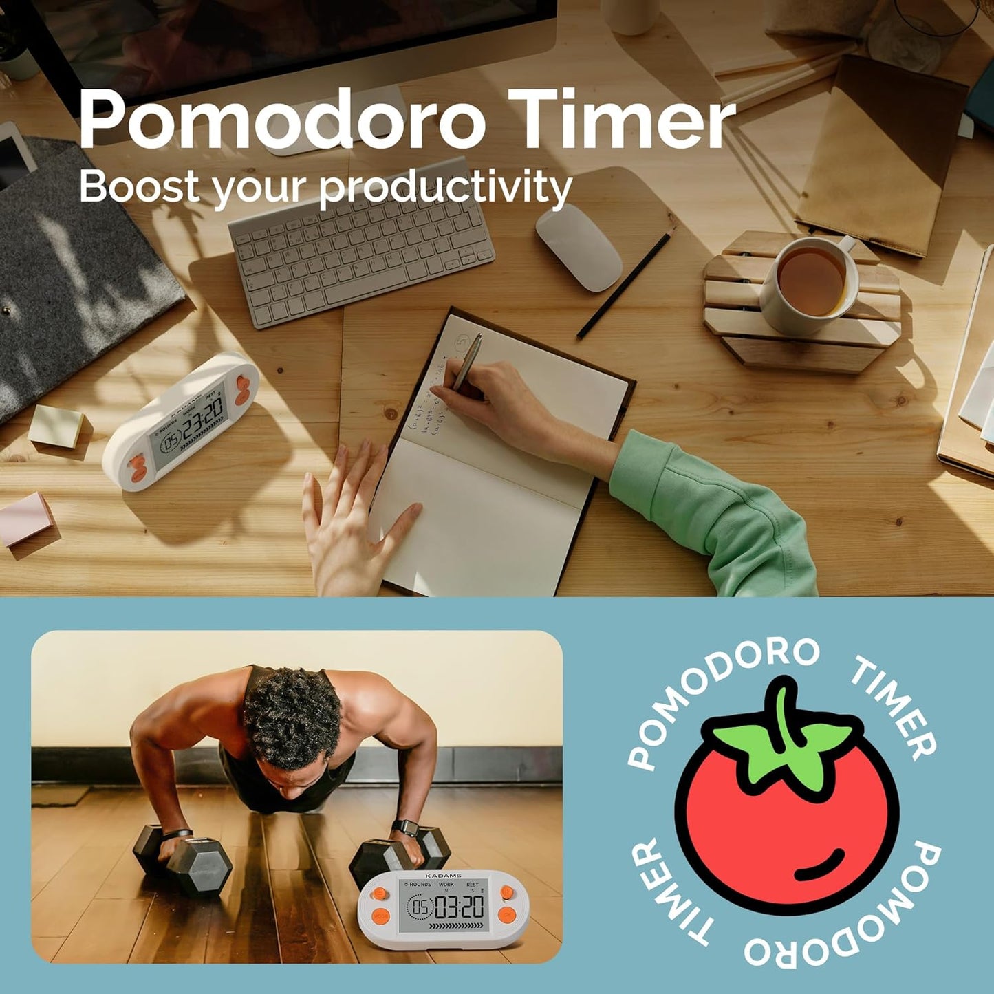 KADAMS Pomodoro Timer with Interval Countdown - Study, Gym & Exercise Timer with Magnets Stand (Blue)